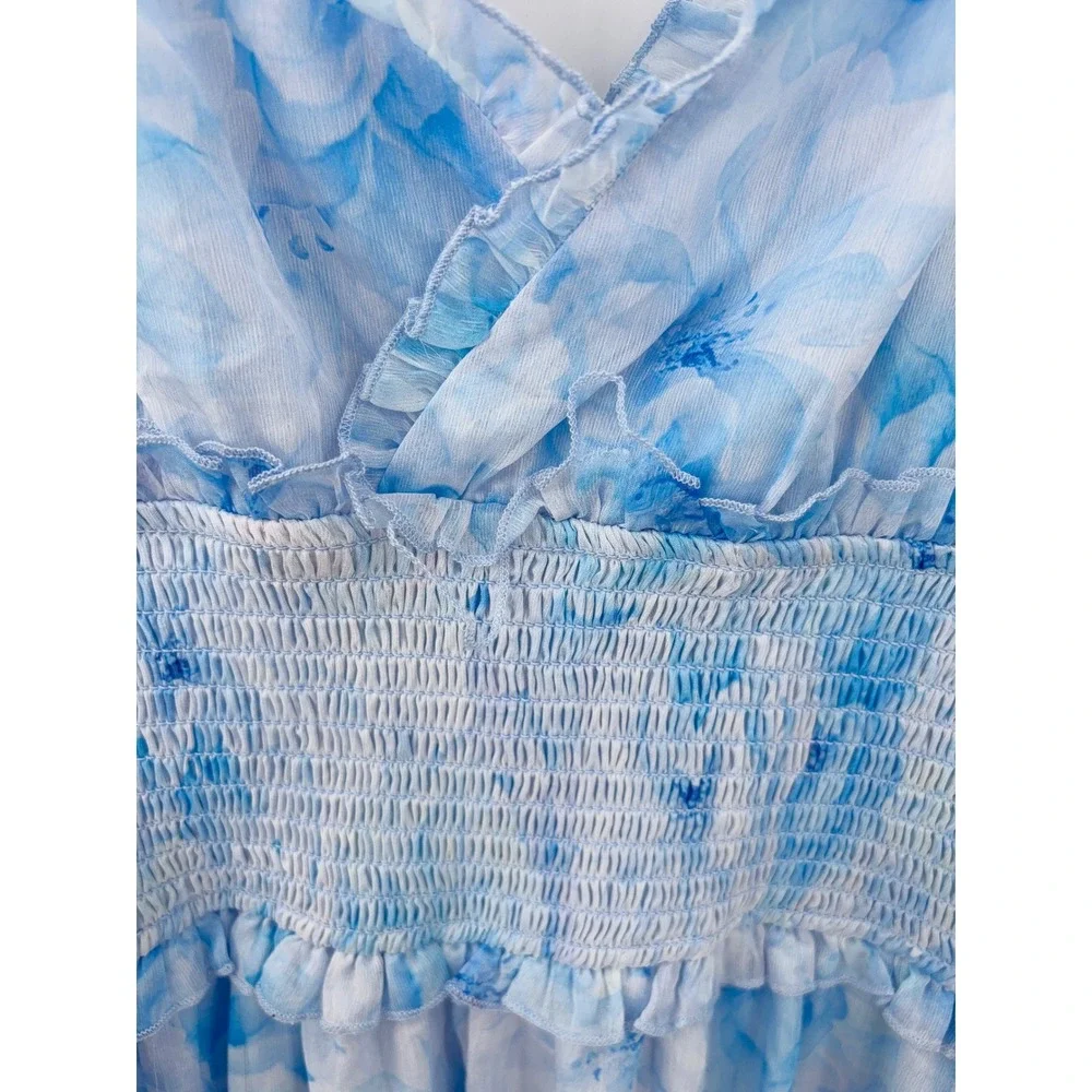 B26 Petal & Pup Fionna Floral Maxi Dress L Blue Flowy Summer Wedding Guest - Picture 9 of 12